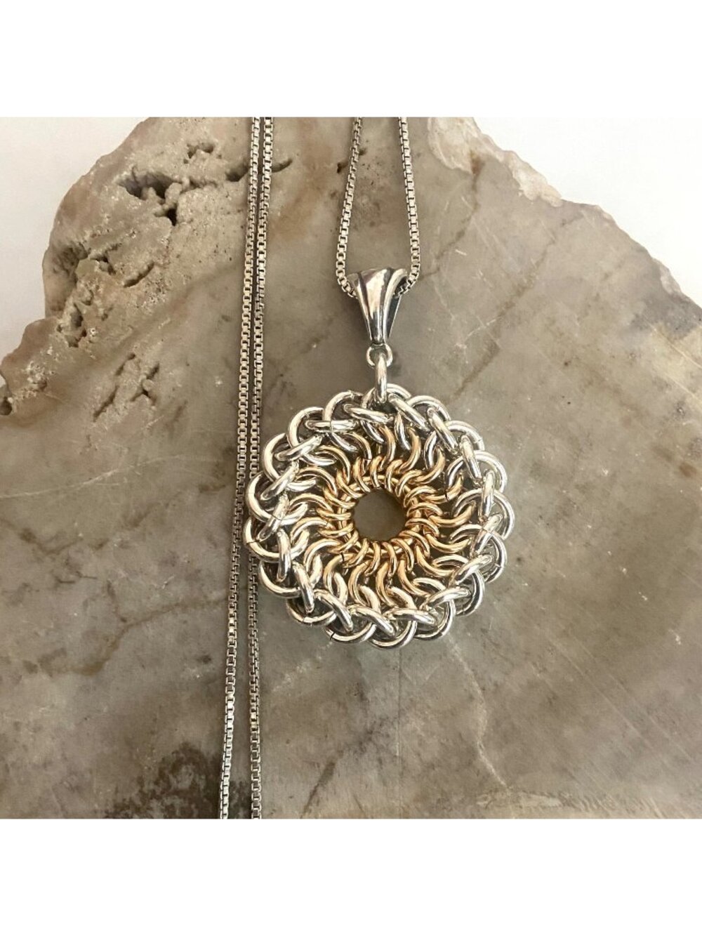 Sterling Silver 925 Gold Vermeil Two Tone Chain Maille Round Pendant Necklace